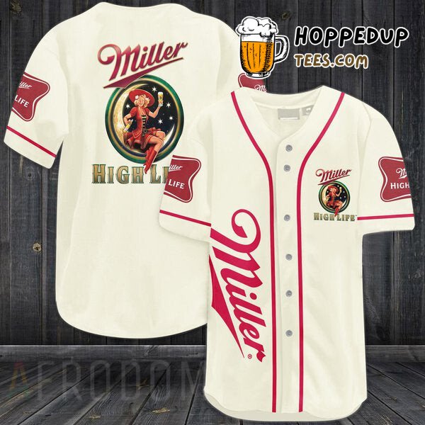 Miller High Life Themed Beige Baseball Jersey Distinctive Unique Design Look