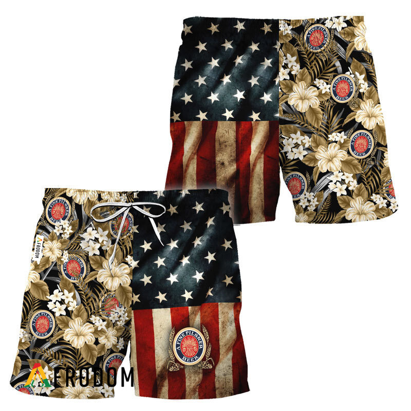 Miller Lite American Flag Tropical Flower Hawaiian Shorts HU