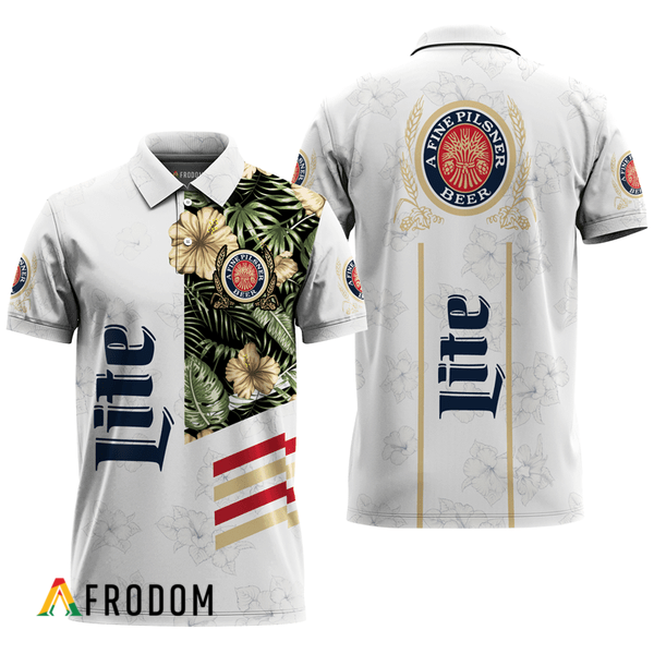 Miller Lite Polo With White Tropical Flower Design HU