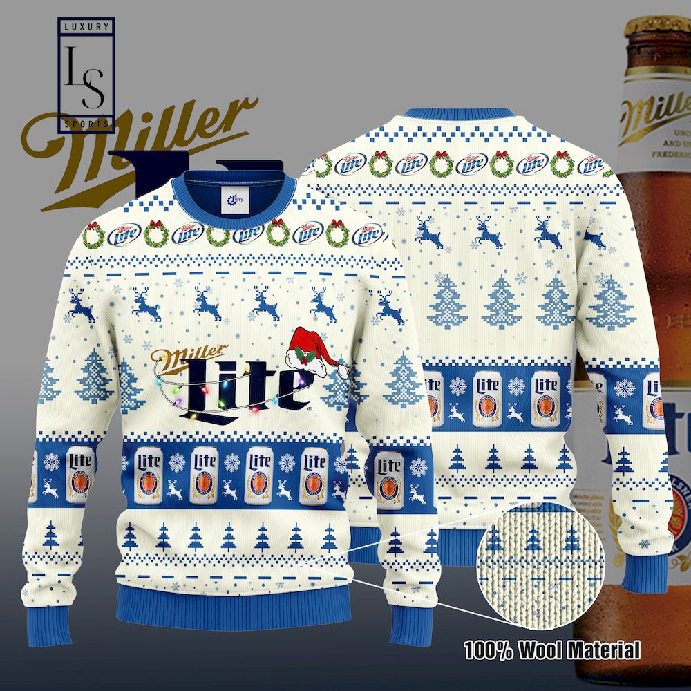 Miller Lite Santa Hat Christmas Ugly Christmas Sweater HU