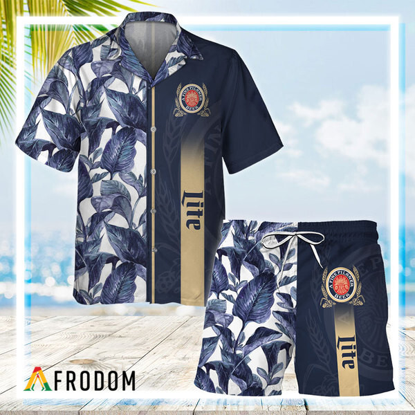 Miller Lite Tropical Leaf Hawaiian Shirt And Shorts Set HU