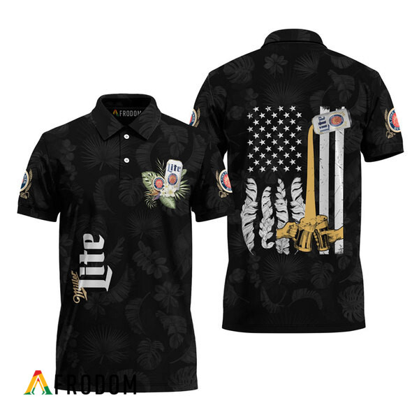 Miller Lite Us Flag Black Hawaiian Polo Shirt HU