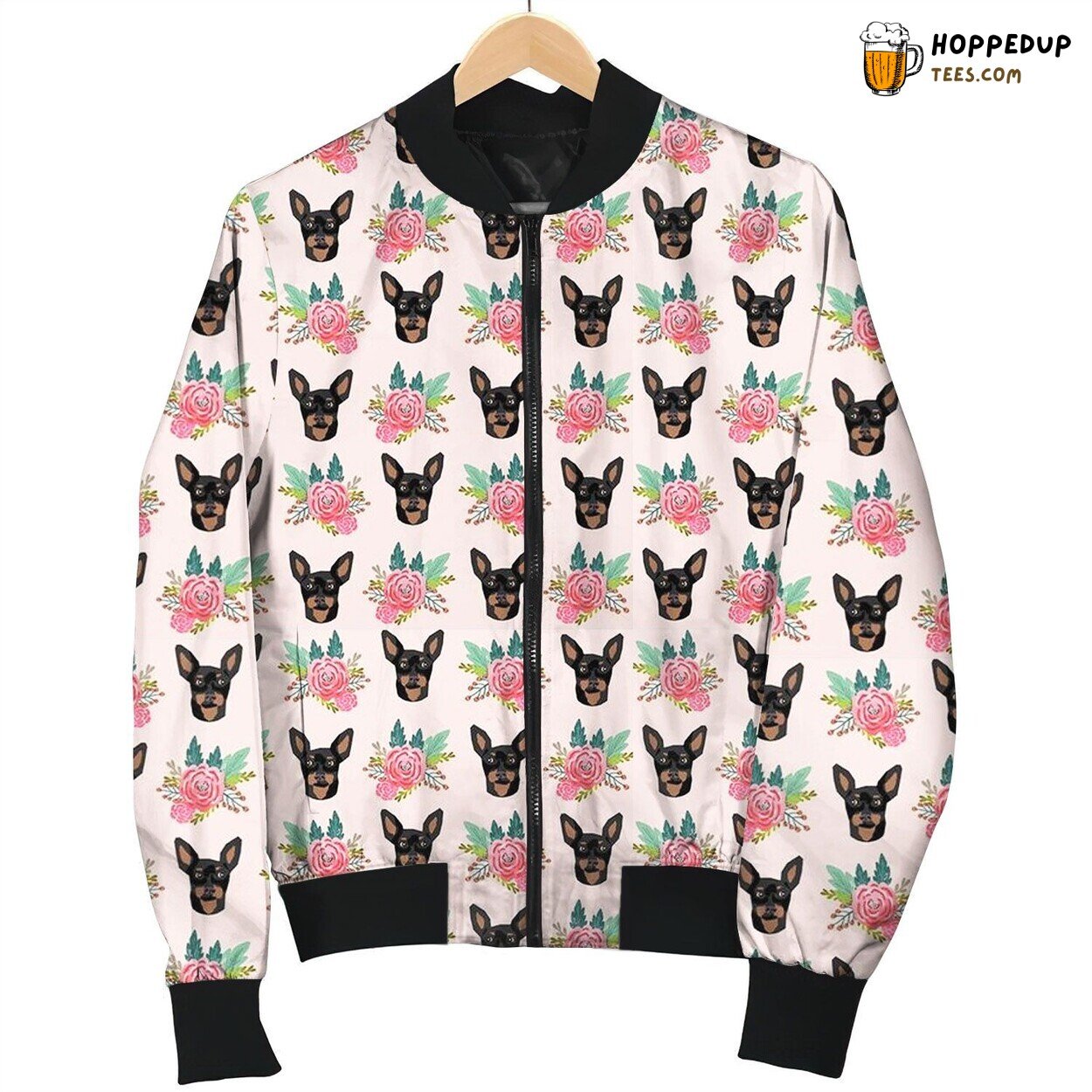 Miniature Pinscher Face With Floral On Pink Bomber Jacket