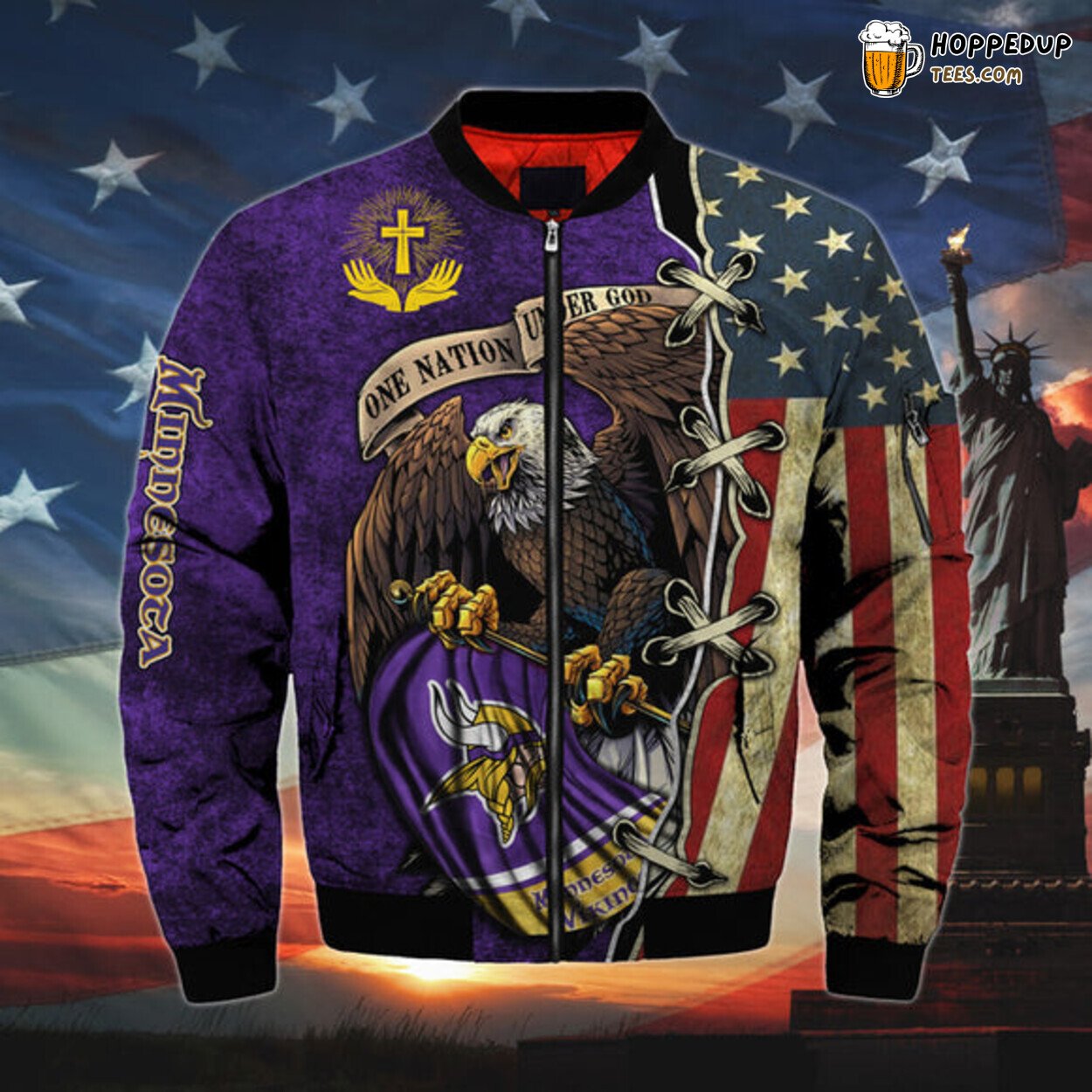 Minnesota Vikings Men Bomber Jacket Classic One Nation Under God Look Series