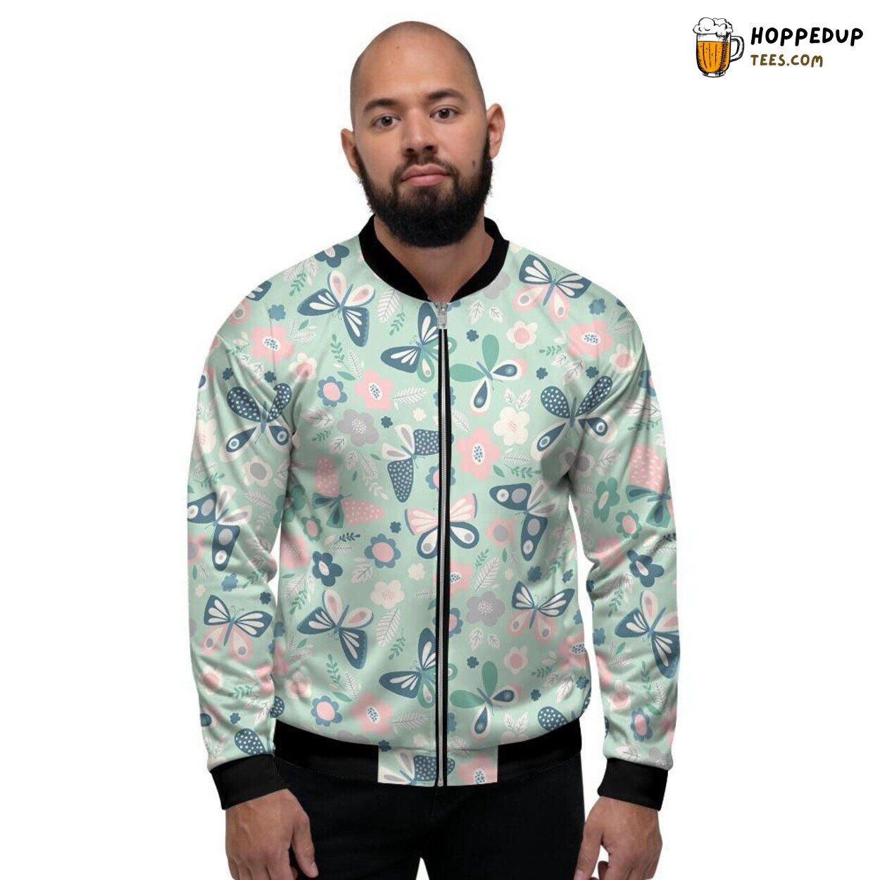 Minty Butterflies Amidst Florals Men’s Bomber Jacket Nature’s Graceful Dance