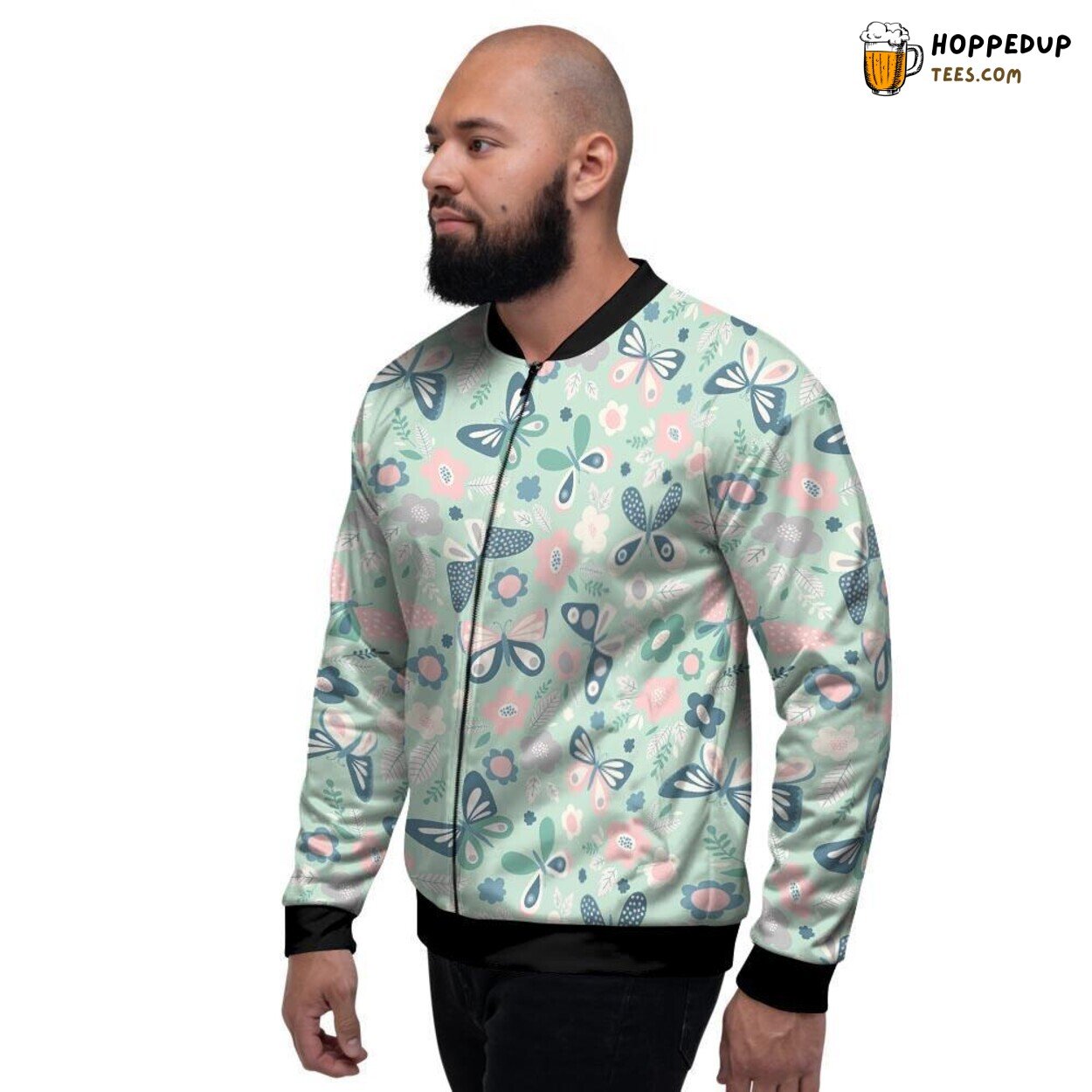 Minty Butterflies Amidst Florals Men’s Bomber Jacket Nature’s Graceful Dance
