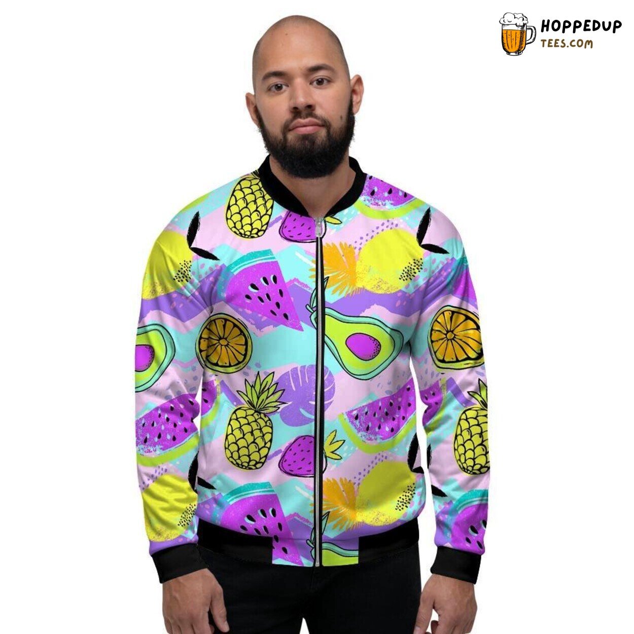 Mix of Neon Fruits Pineapple Hawaiian Men’s Bomber Jacket Tropical Display
