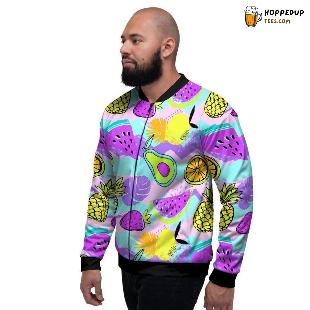 Mix of Neon Fruits Pineapple Hawaiian Men’s Bomber Jacket Tropical Display