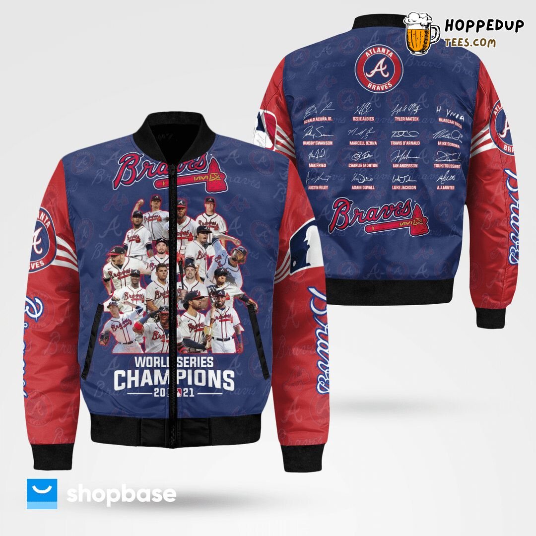 MLB Atlanta Braves Players Team Signatures 2021 World Series Champions Bomber Jacket
