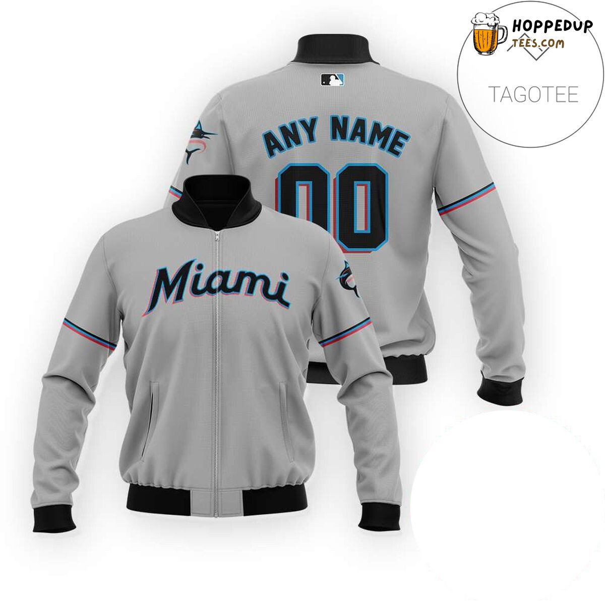 MLB Miami Marlins Custom Name Number Gray Bomber Jacket