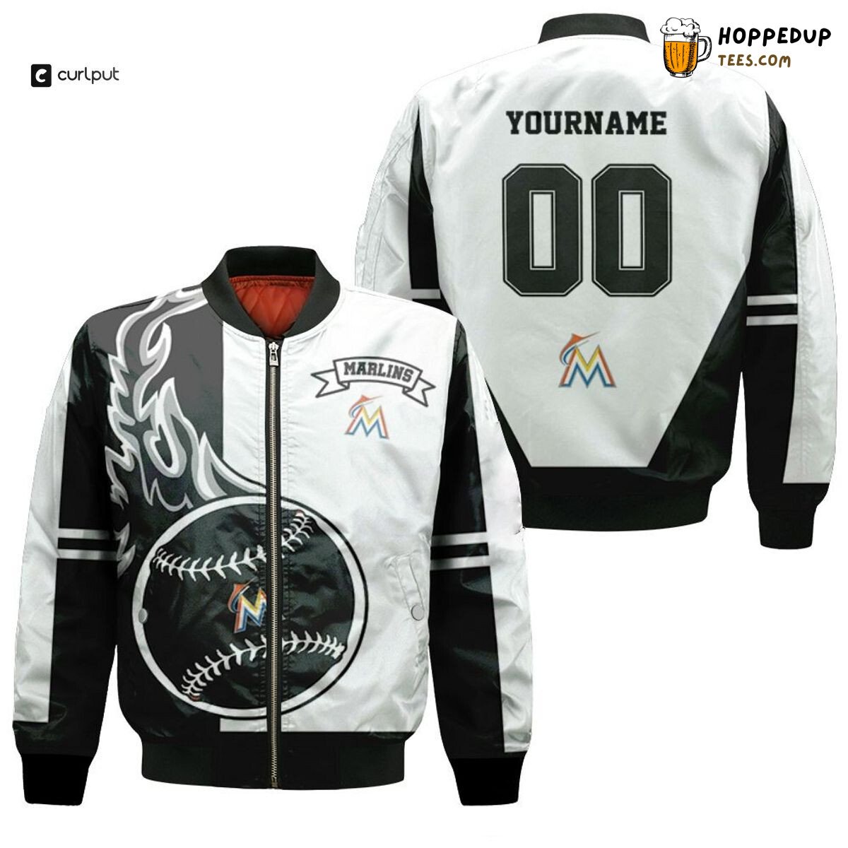 MLB Miami Marlins Custom Name Number White Black Bomber Jacket