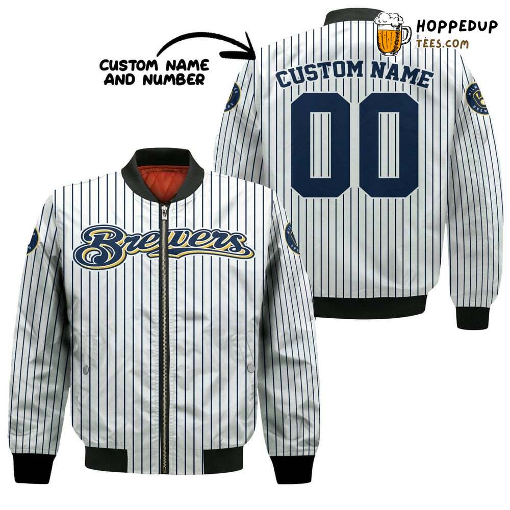 MLB Milwaukee Brewers Custom Name Number Uniform Stripes Bomber Jacket