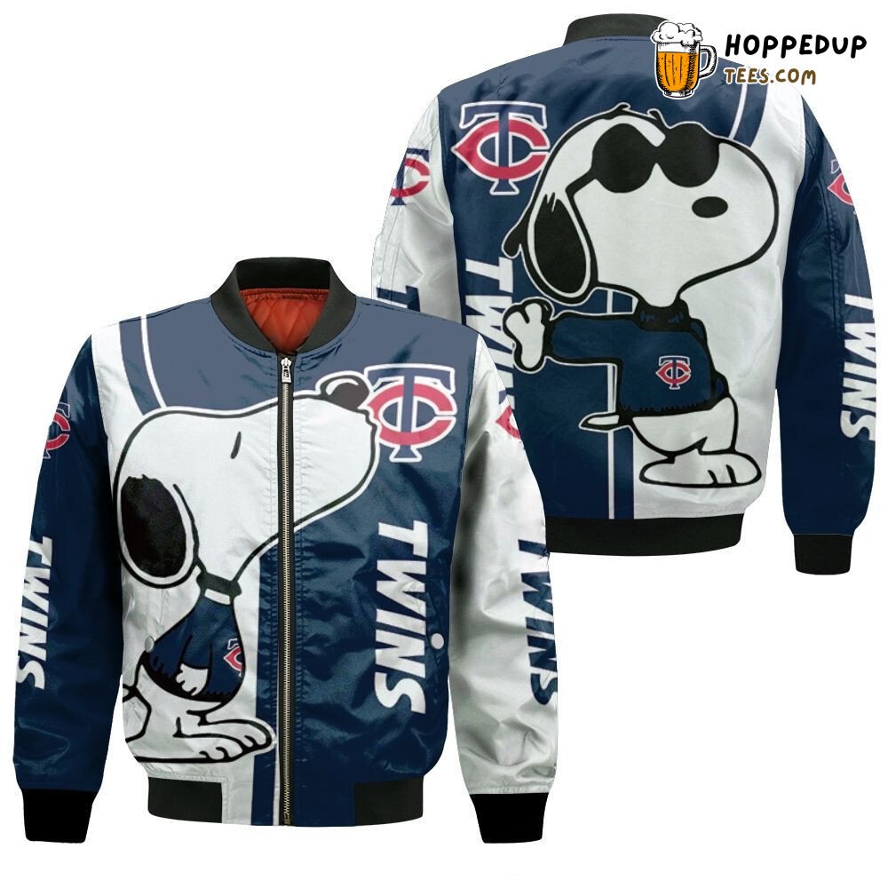 MLB Minnesota Twins Snoopy White Navy Blue Bomber Jacket