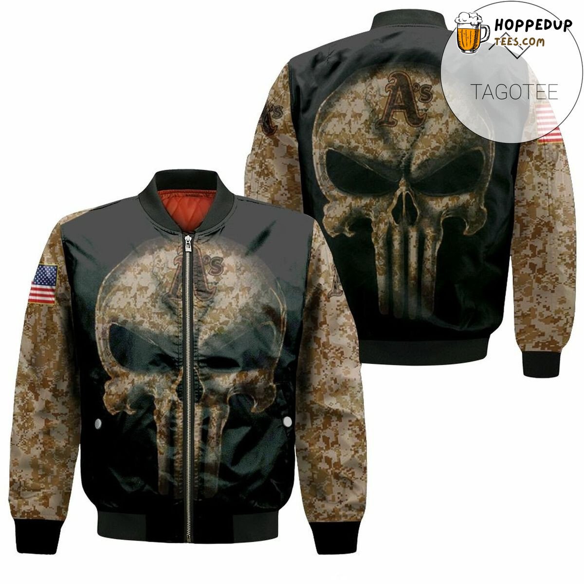 MLB Oakland Athletics Camouflage Skull American Flag Bomber Jacket