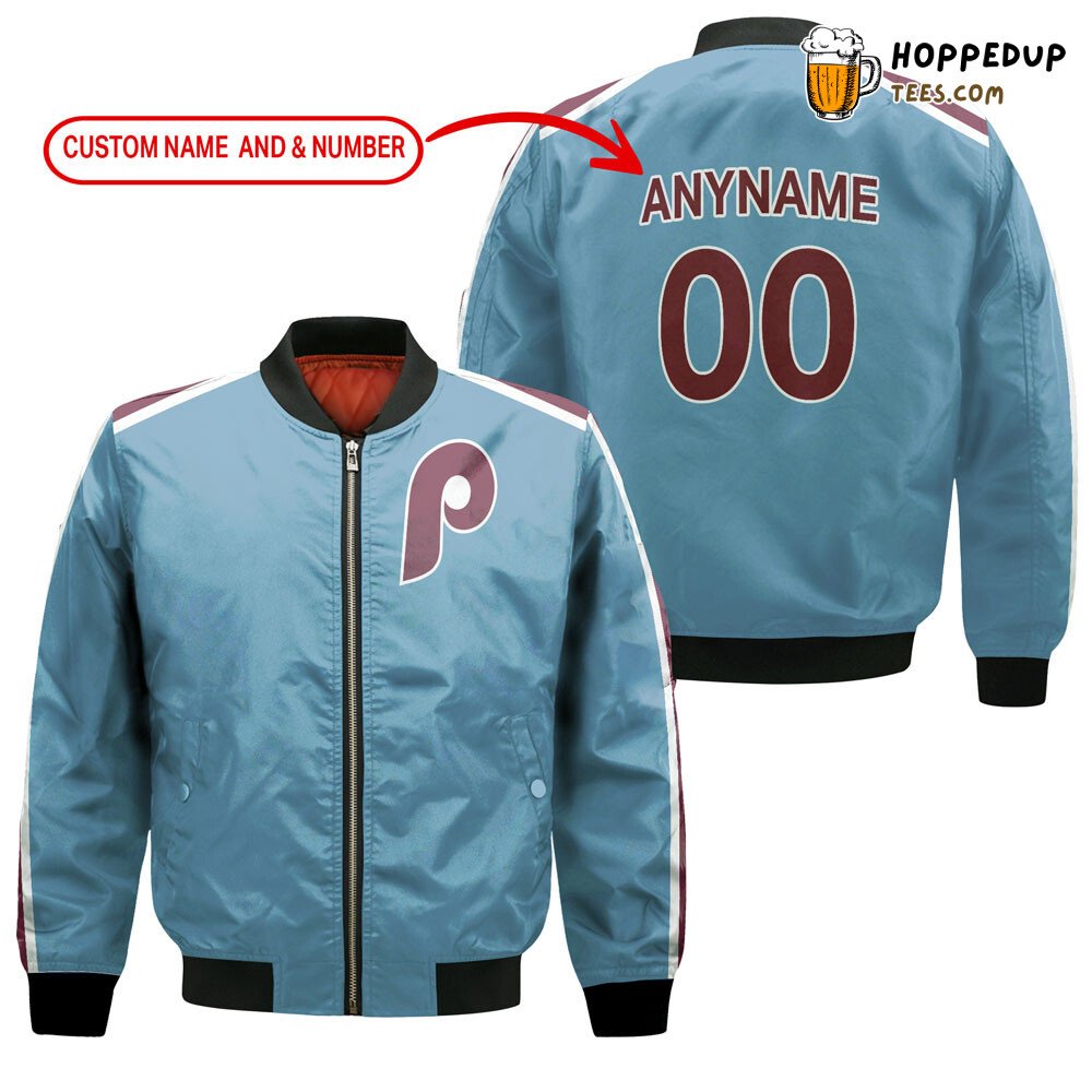 MLB Philadelphia Phillies Custom Name Number Light Blue Bomber Jacket