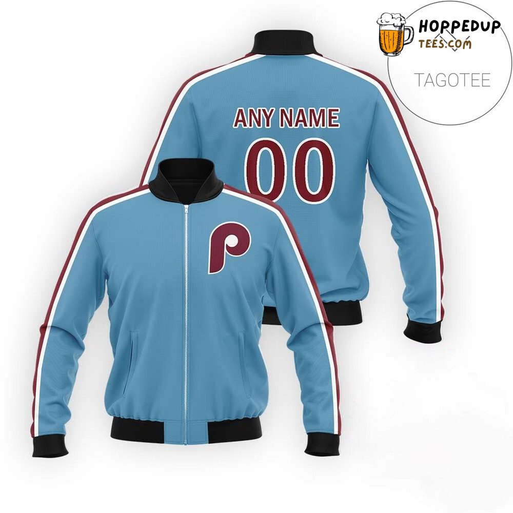MLB Philadelphia Phillies Custom Name Number Light Blue Bomber Jacket
