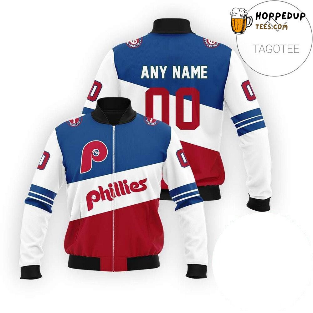 MLB Philadelphia Phillies Custom Name Number White Blue Bomber Jacket