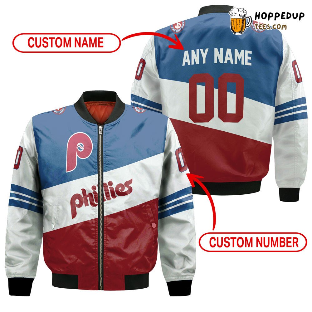 MLB Philadelphia Phillies Custom Name Number White Blue Bomber Jacket