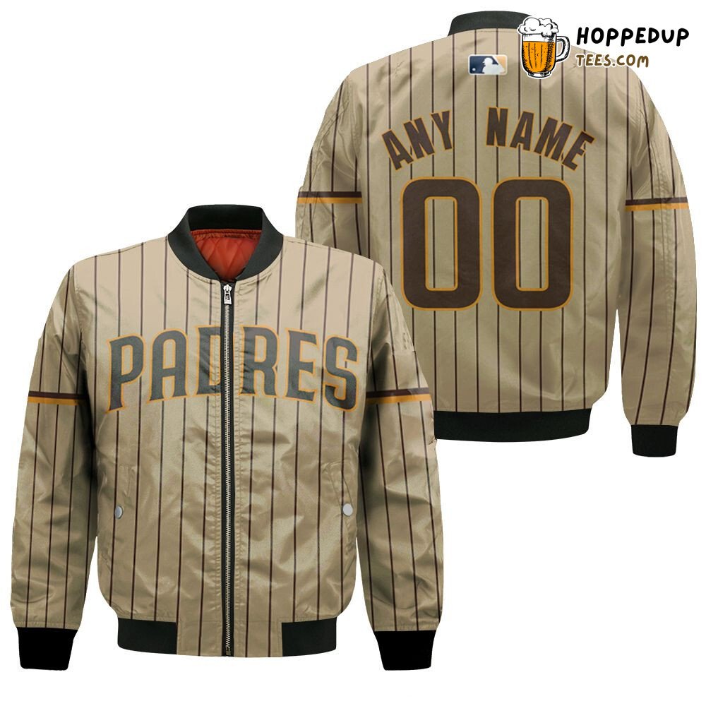 MLB San Diego Padres Custom Name Number Light Brown Stripe Bomber Jacket