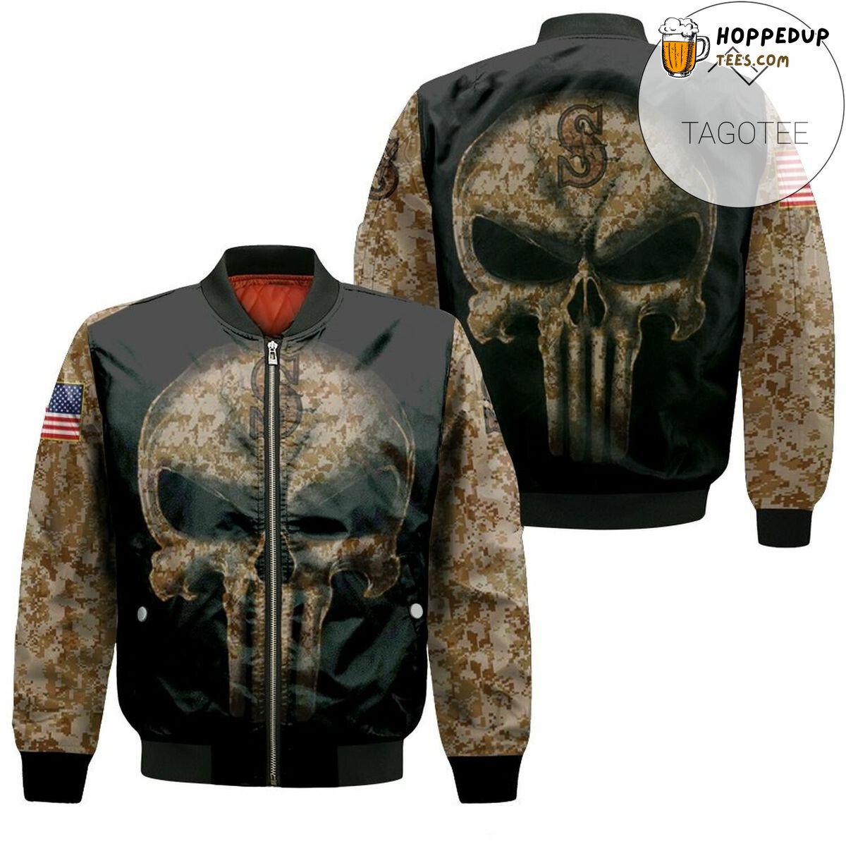 MLB Seattle Mariners Camouflage Skull American Flag Bomber Jacket