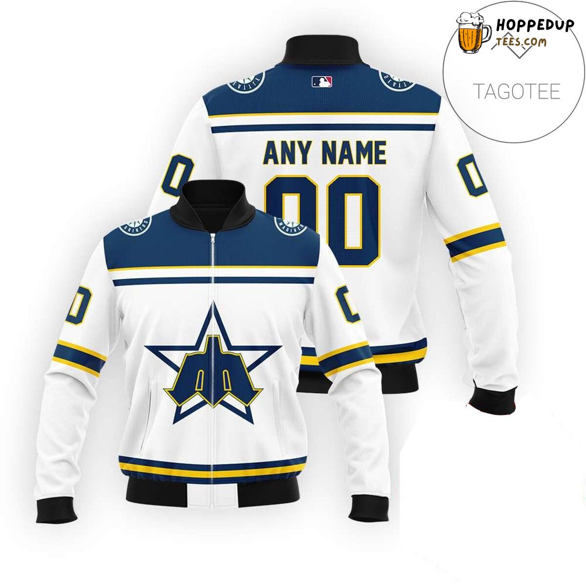 MLB Seattle Mariners Custom Name Number White Navy Bomber Jacket