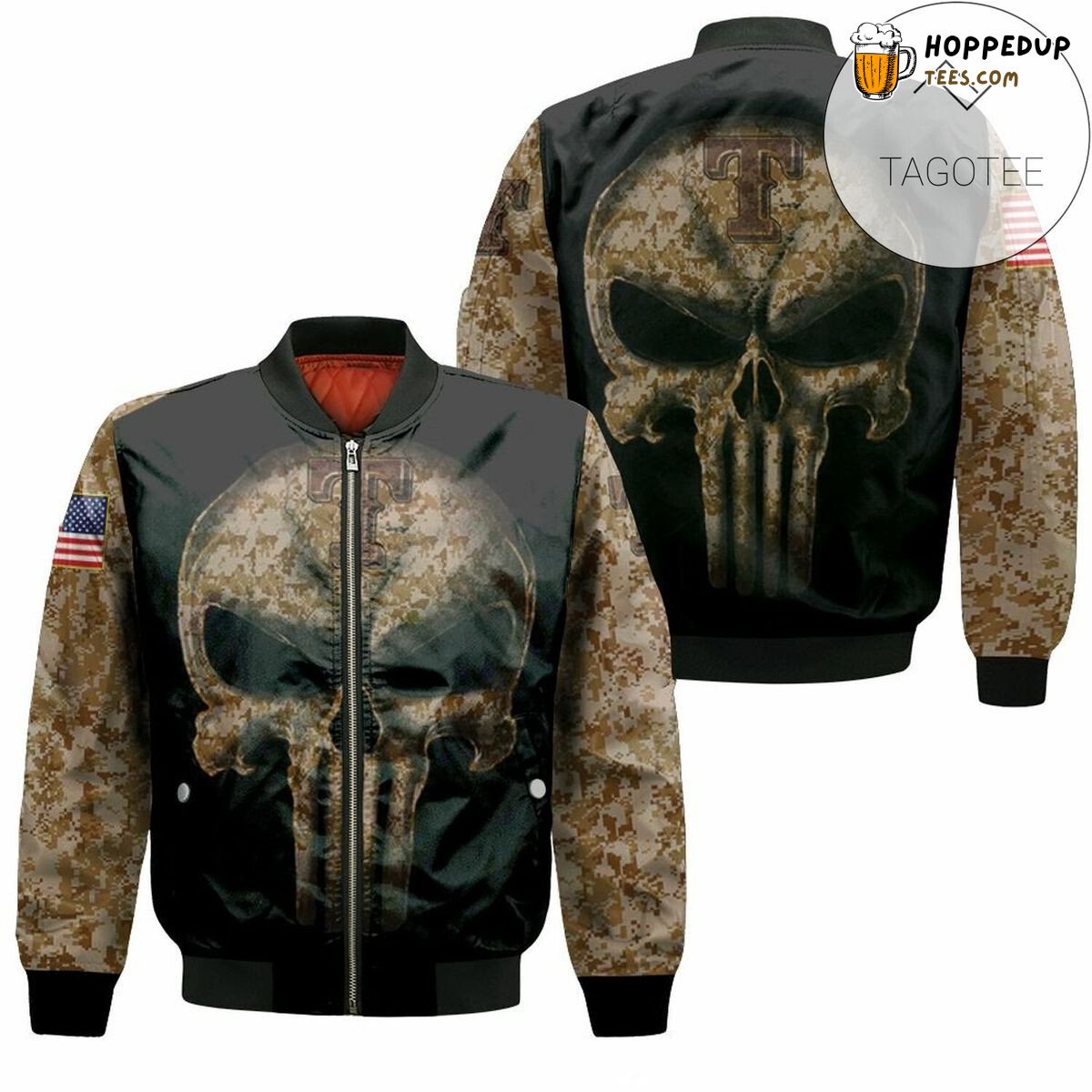 MLB Texas Rangers Camouflage Skull American Flag Bomber Jacket