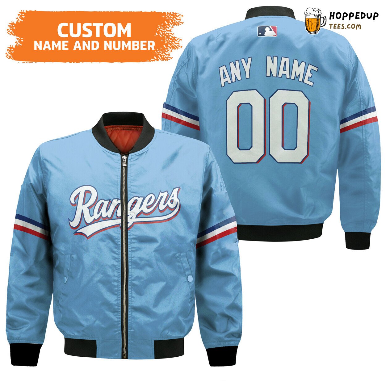 MLB Texas Rangers Custom Name Number Light Blue Bomber Jacket