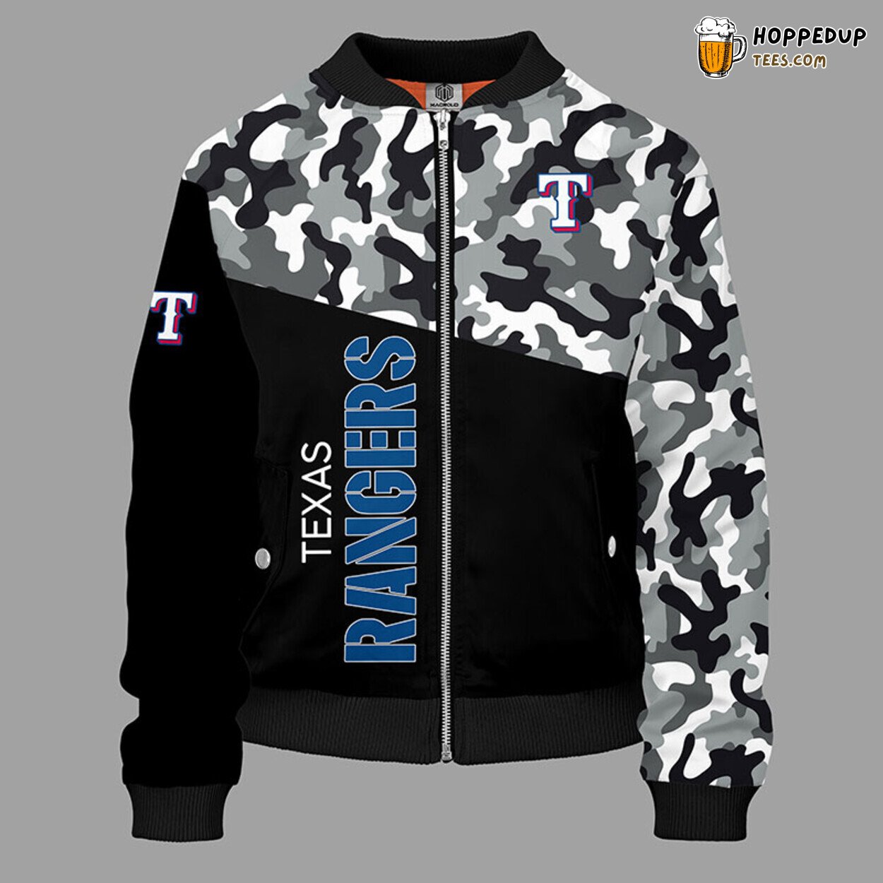 MLB Texas Rangers Unique Camouflage Blue Bomber Jacket Design