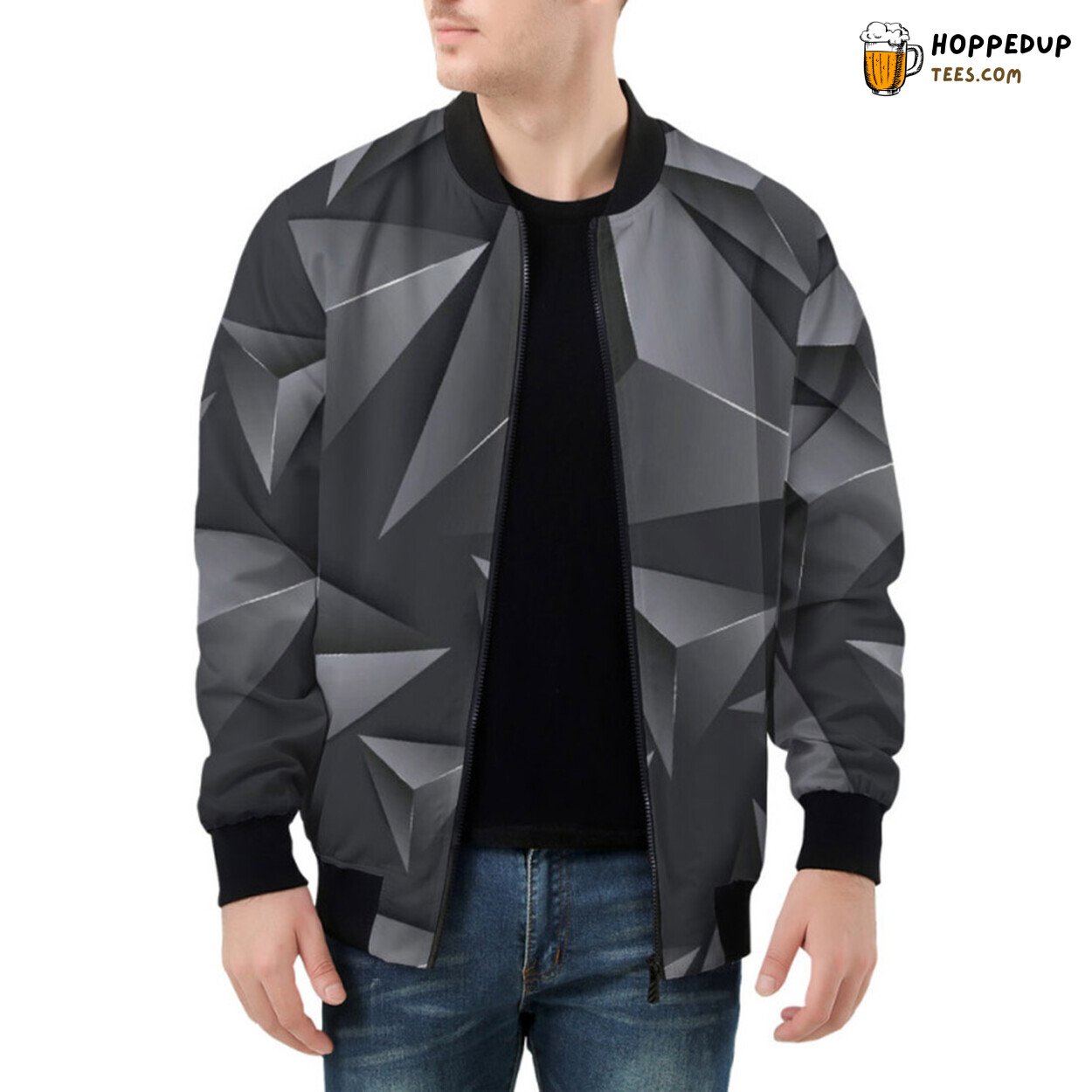 Modern Bomber Jacket with Sophisticated Gray 3D Triangle Design