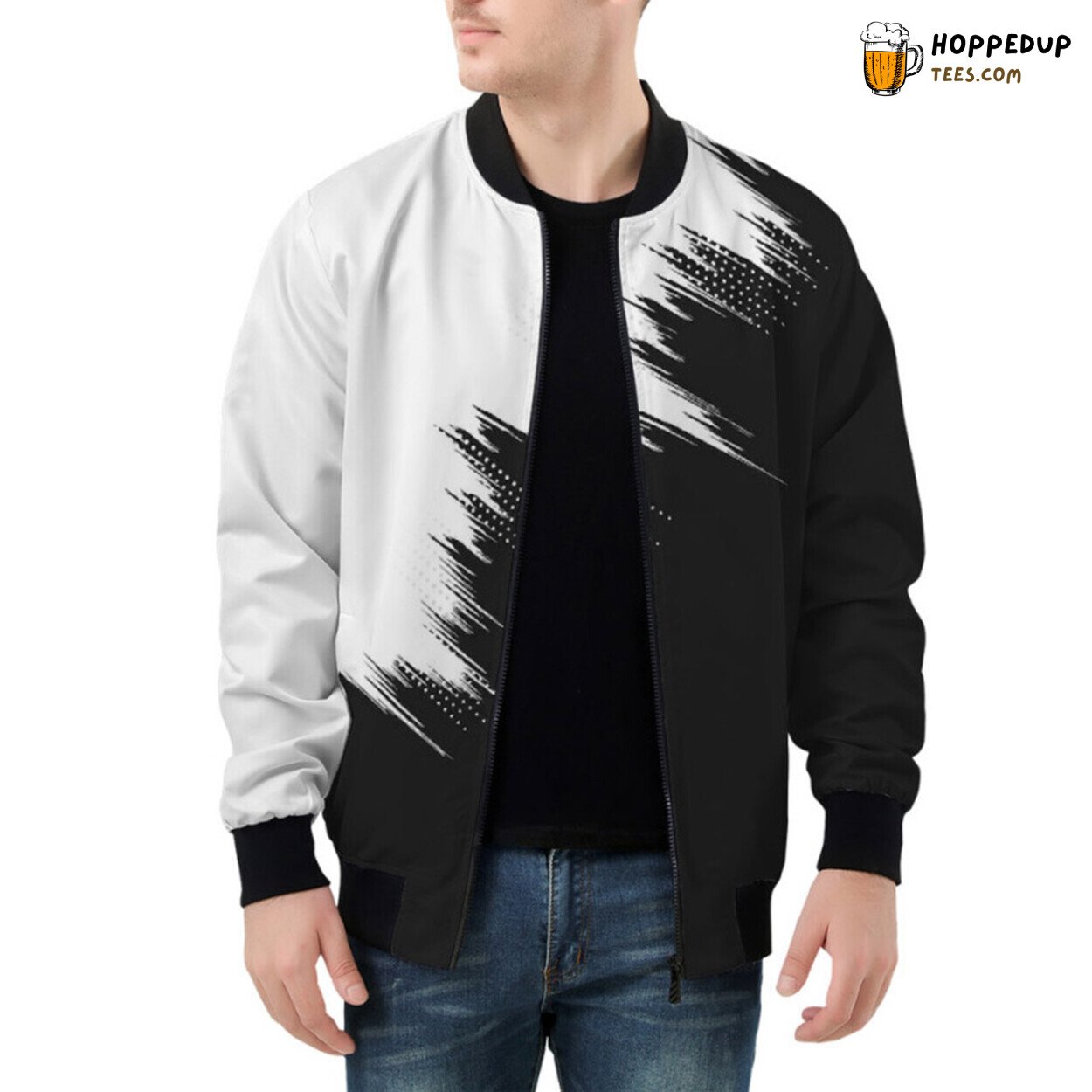 Modern Grunge in Black White Artistry Displayed on a Bomber Jacket
