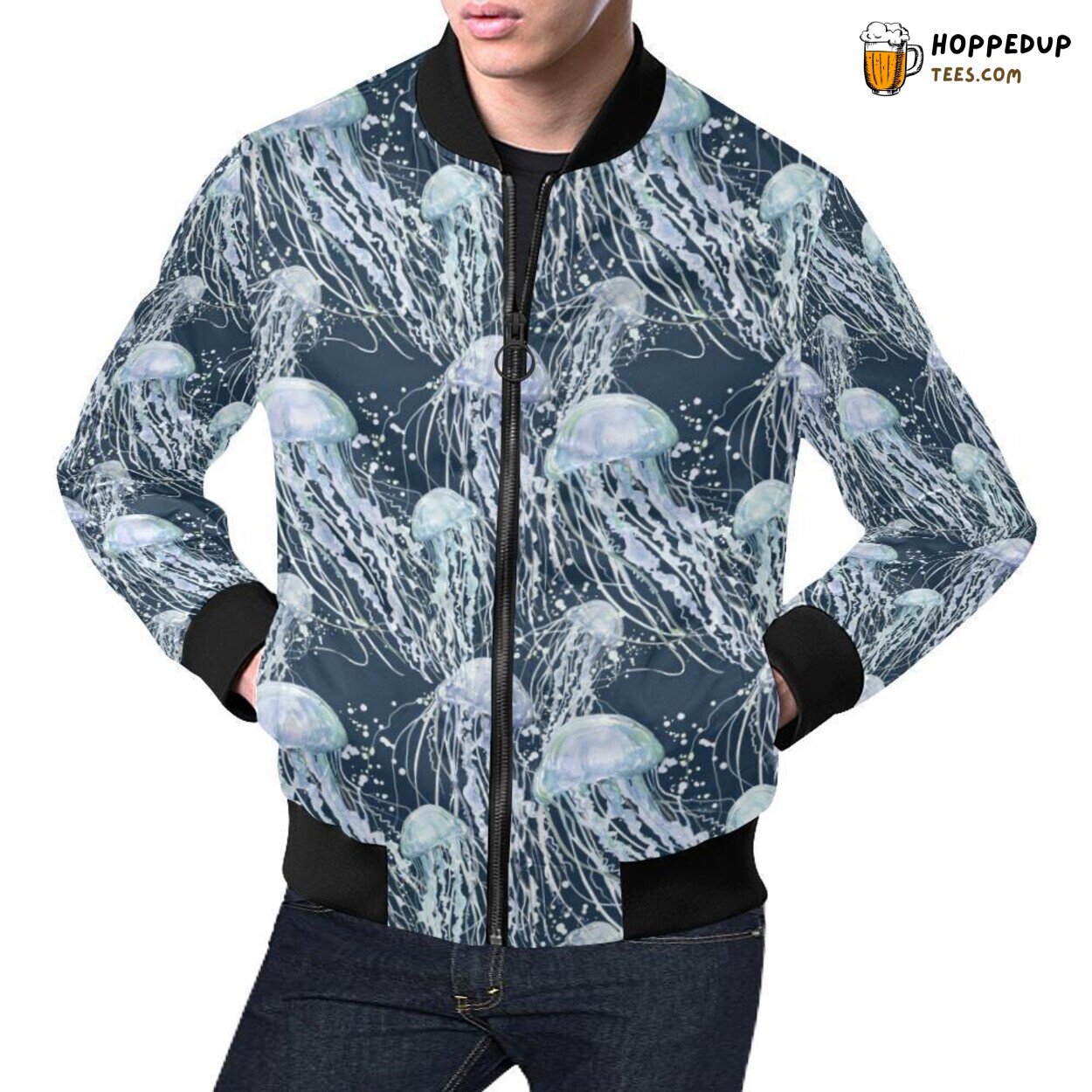 Modern Men’s Bomber Jacket with Jellyfish Pattern Print Aesthetic