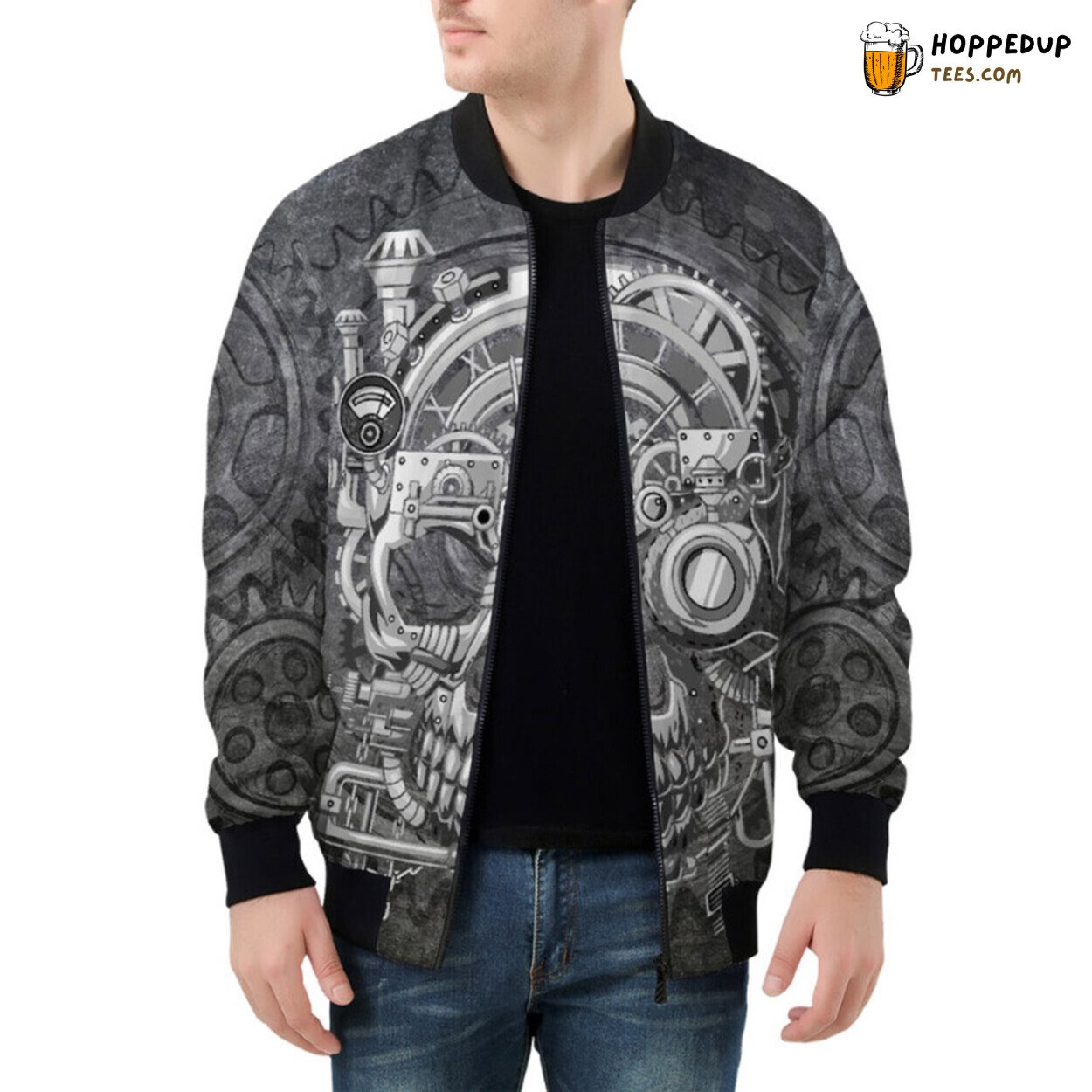 Monochromatic Charm Gray Steampunk Skull Intricately Designed Bomber Jacket