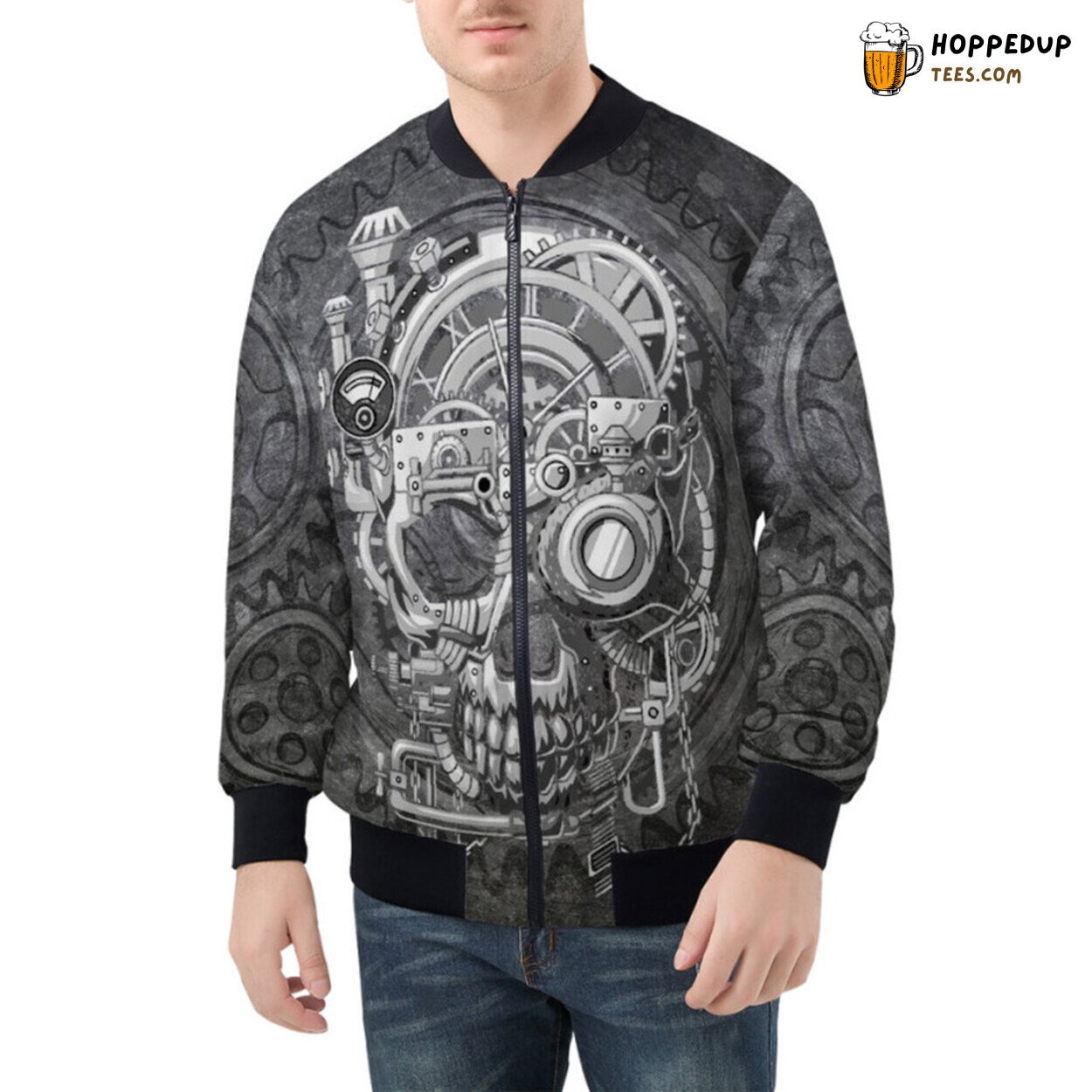 Monochromatic Charm Gray Steampunk Skull Intricately Designed Bomber Jacket