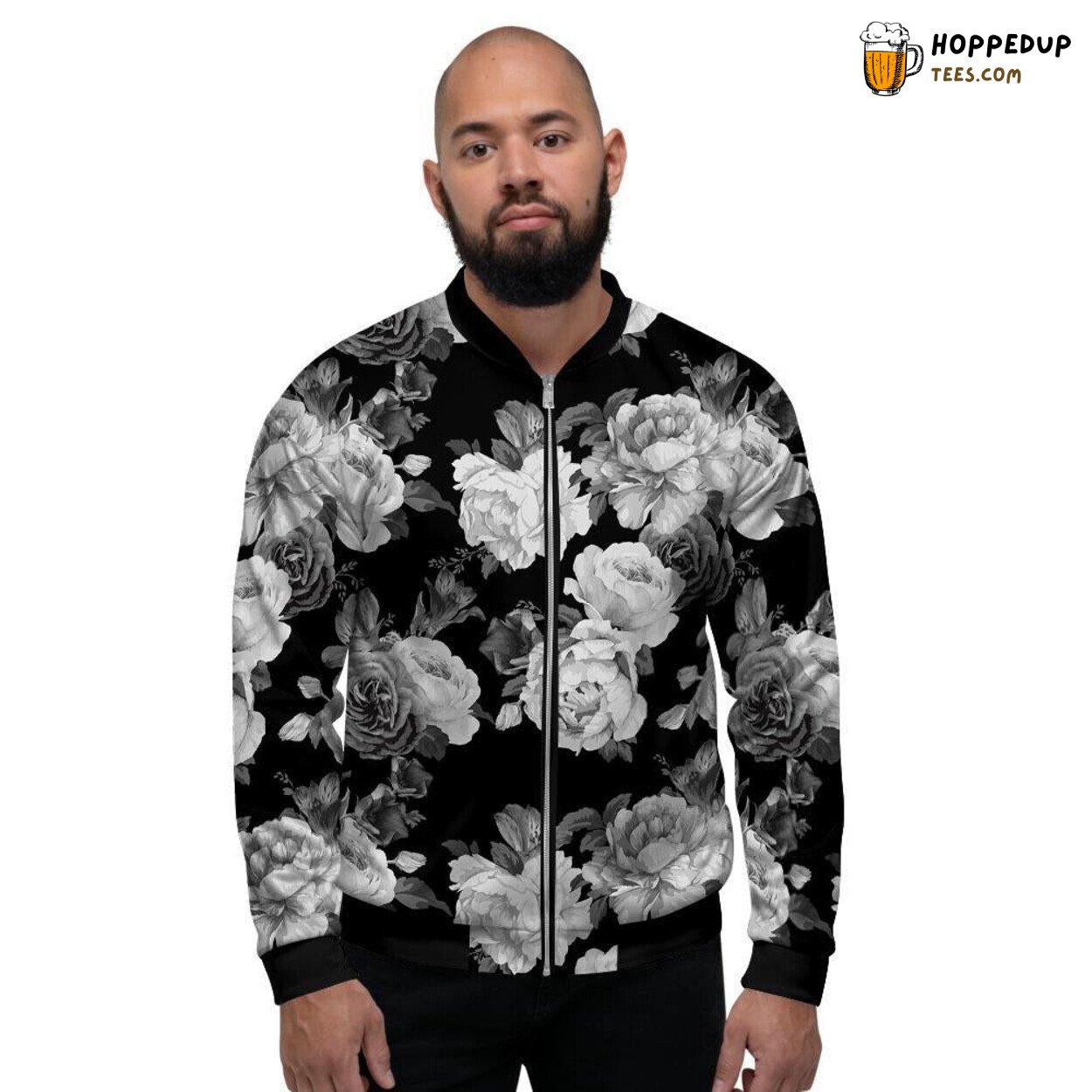 Monochrome Display of Floral Roses Men’s Bomber Jacket Classic Beauty