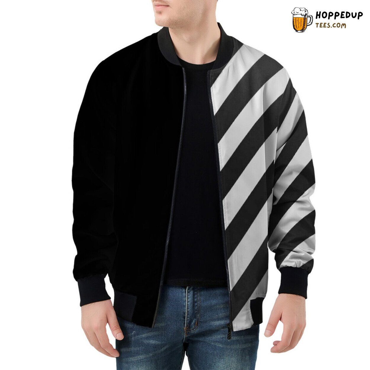 Monochrome Lines of Artistry on Men’s Bomber Jacket Stripes Monochrome Lines of Artistry on Men’s Bomber Jacket Stripes
