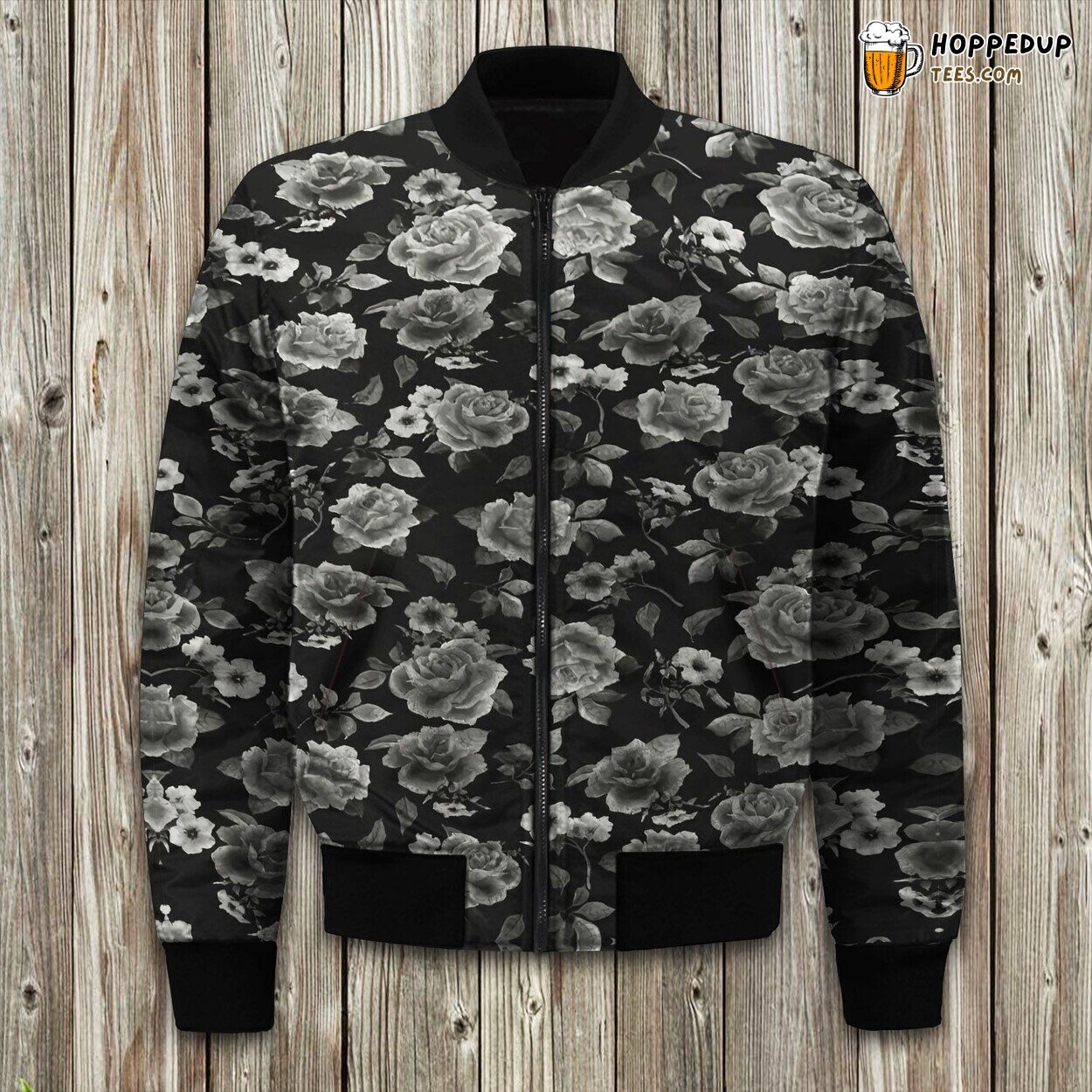 Monochrome Rose Floral Bomber Jacket