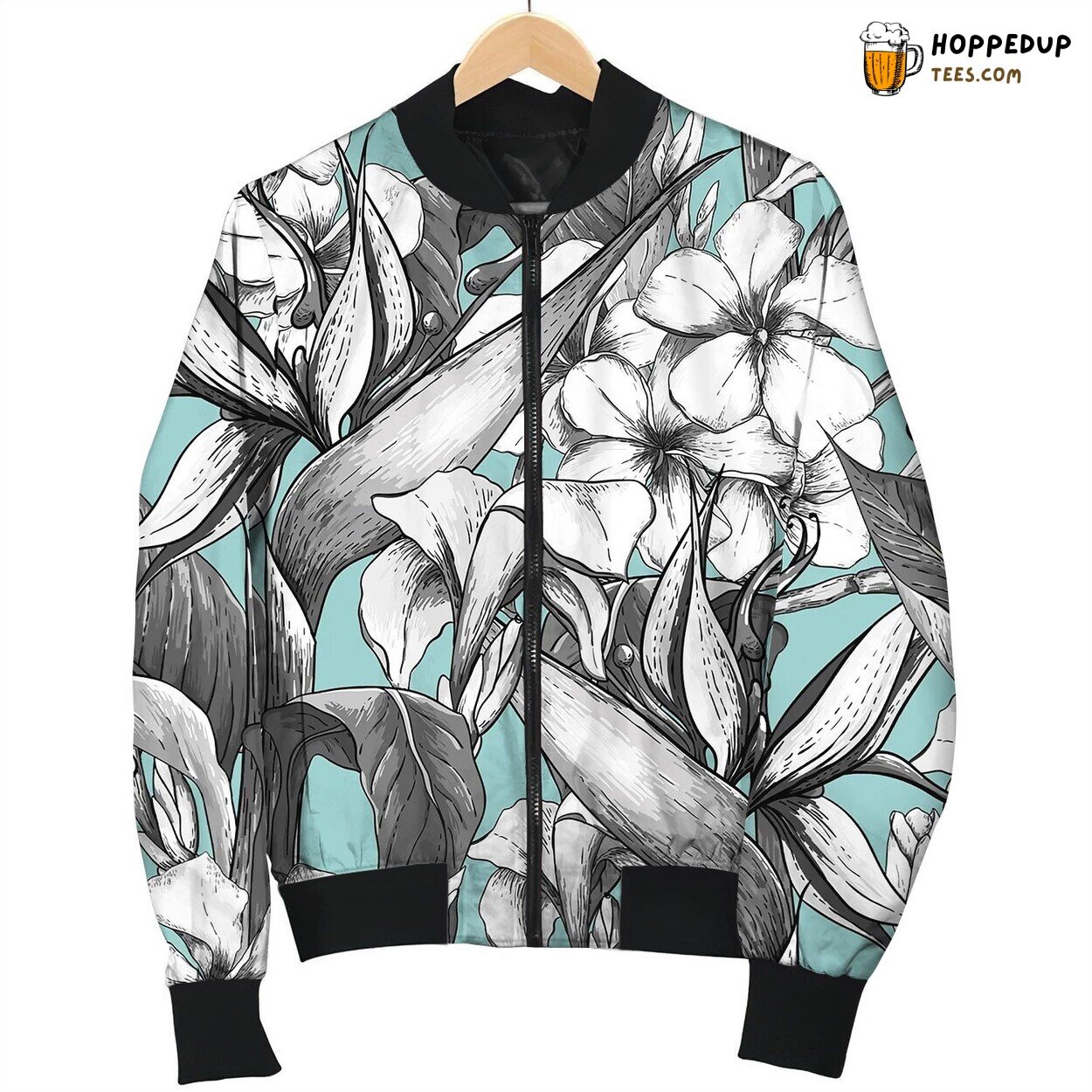Monochrome Seamless Pattern With Exotic Flowers Bomber Jacket