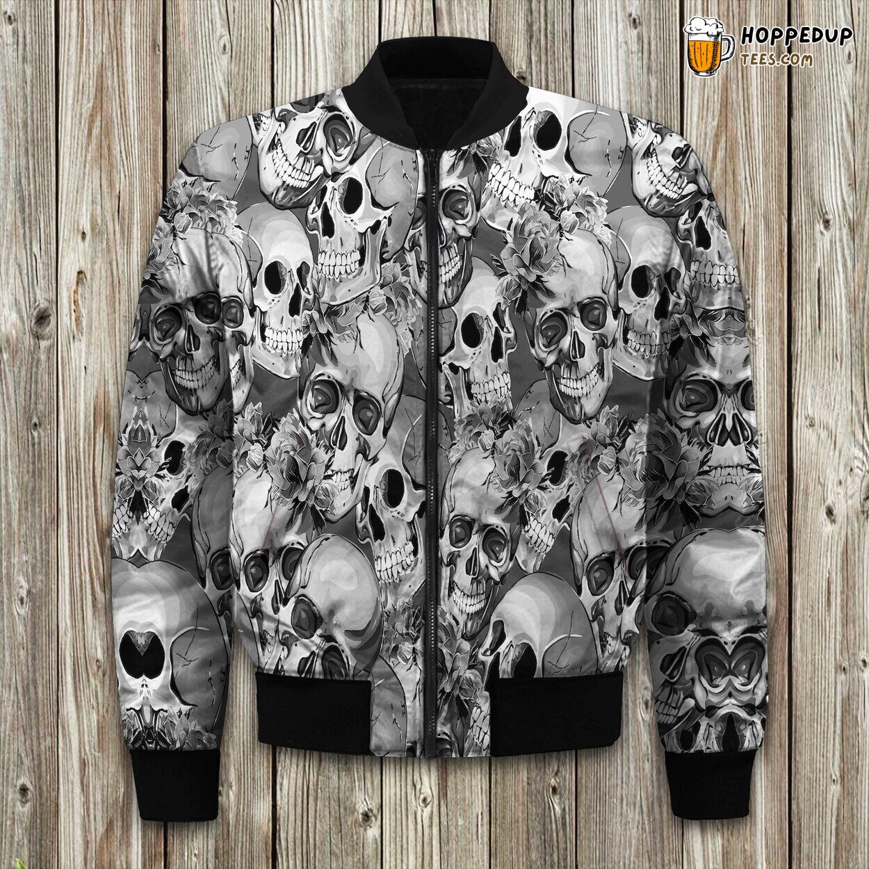 Monochrome Skull Flowers Bomber Jacket