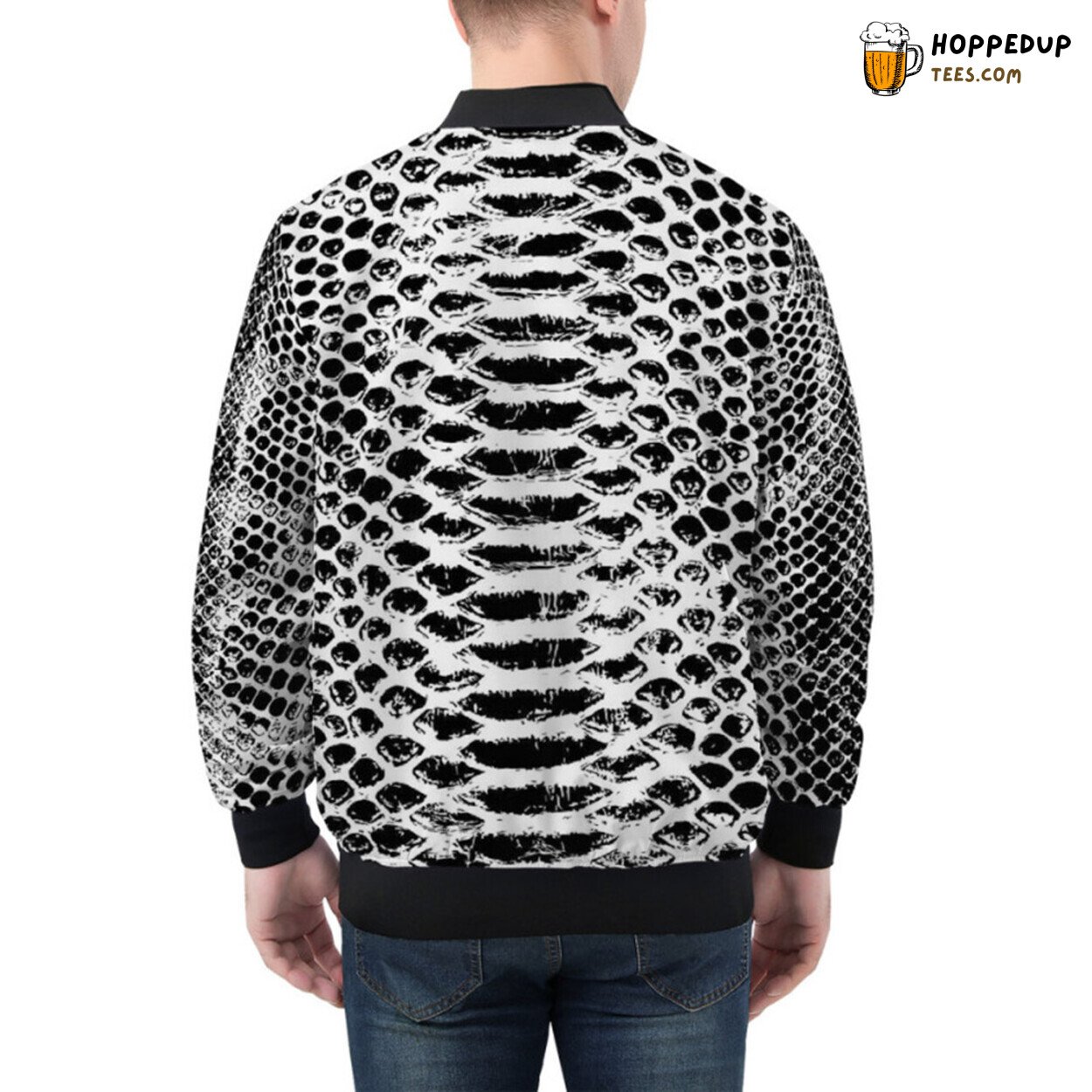 Monochrome Snake Pattern Accentuating This Unique Bomber Jacket