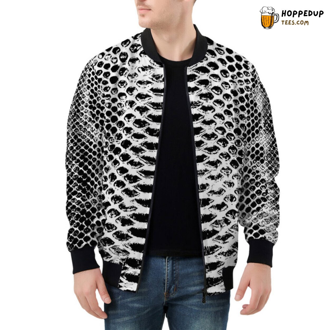 Monochrome Snake Pattern Accentuating This Unique Bomber Jacket