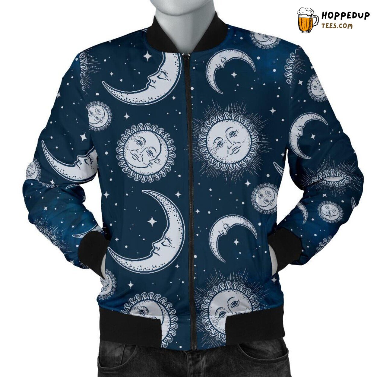 Moon Embracing the Sun Men’s Bomber Jacket Distinct Pattern Design Display