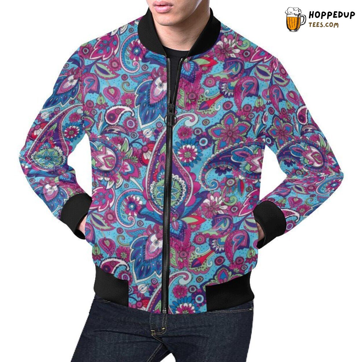 Multi Paisley Design Blue Purple Red Men’s Bomber Jacket Vibrant Swirl Fashion