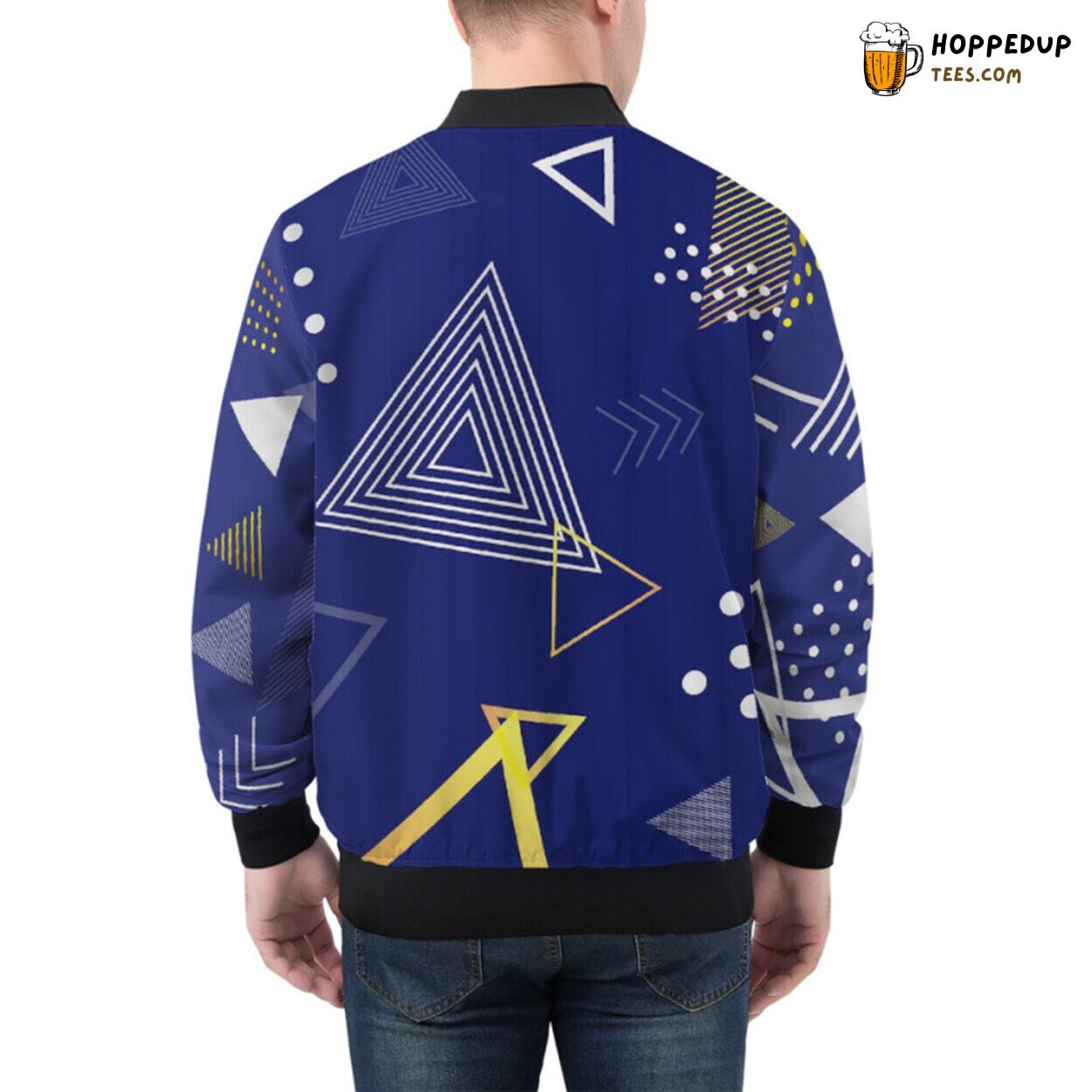 Multicolored Geometric Patterns Embellishing This Bomber Jacket