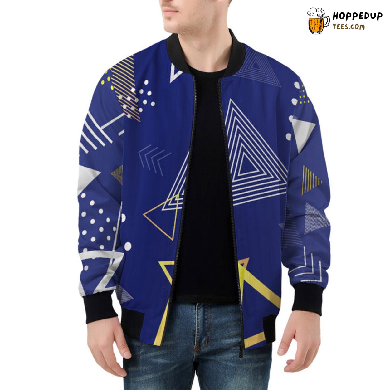 Multicolored Geometric Patterns Embellishing This Bomber Jacket