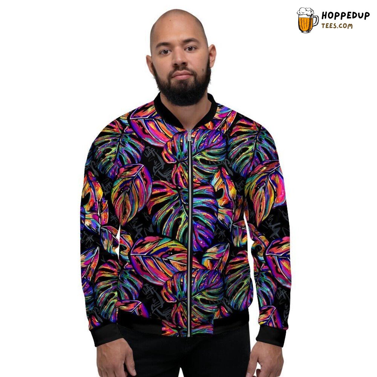 Multicolored Neon Palm Leaves Men’s Bomber Jacket Tropical Artistic Display