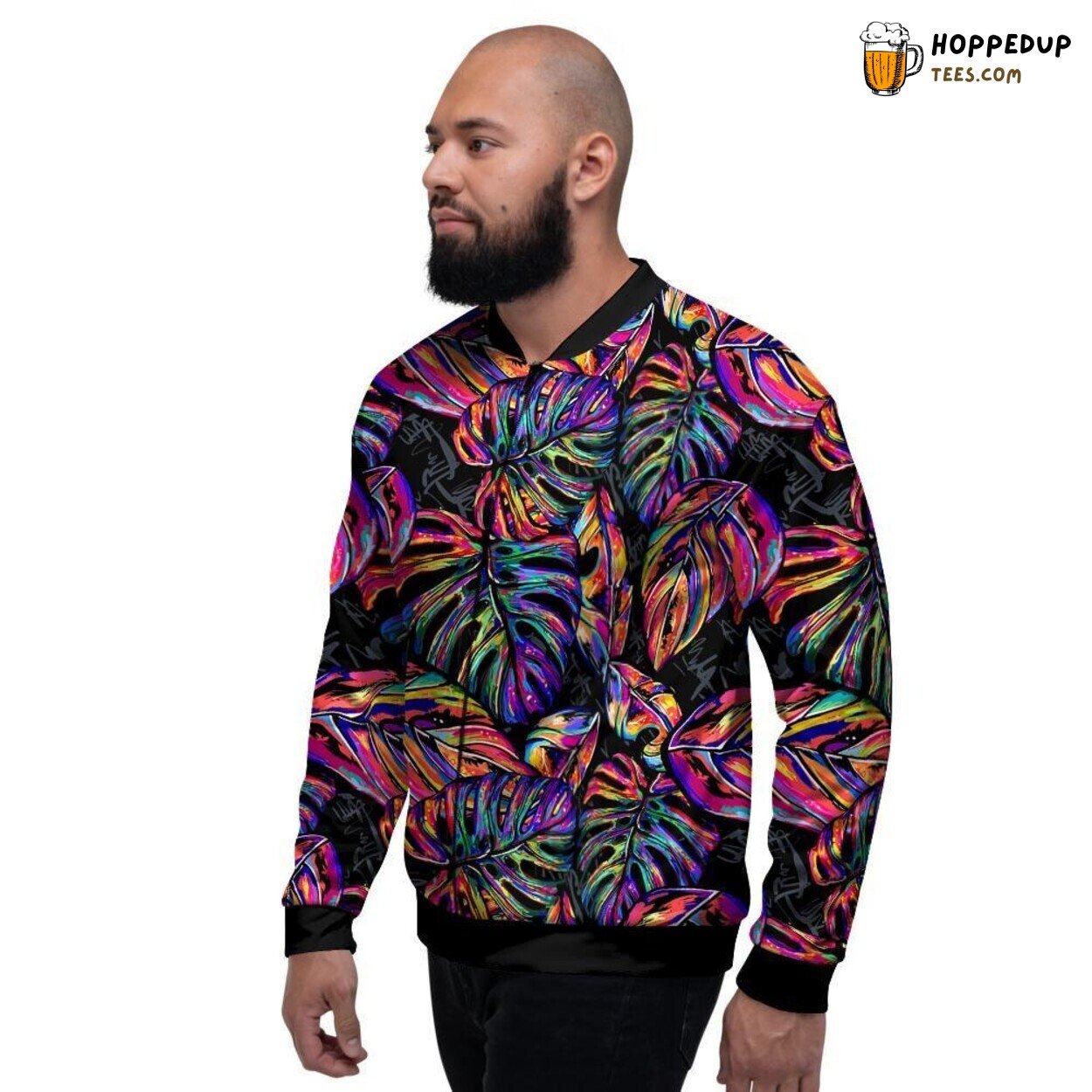 Multicolored Neon Palm Leaves Men’s Bomber Jacket Tropical Artistic Display