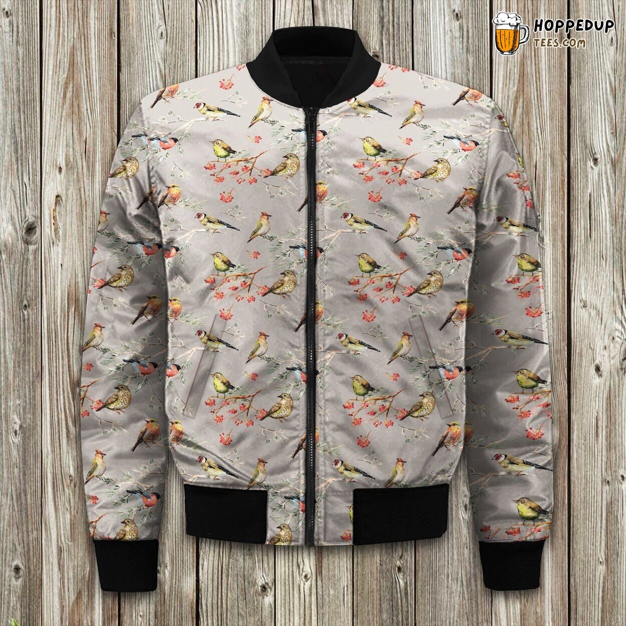 Multiple Birds Pattern Winter Bomber Jacket Nature Inspired Design