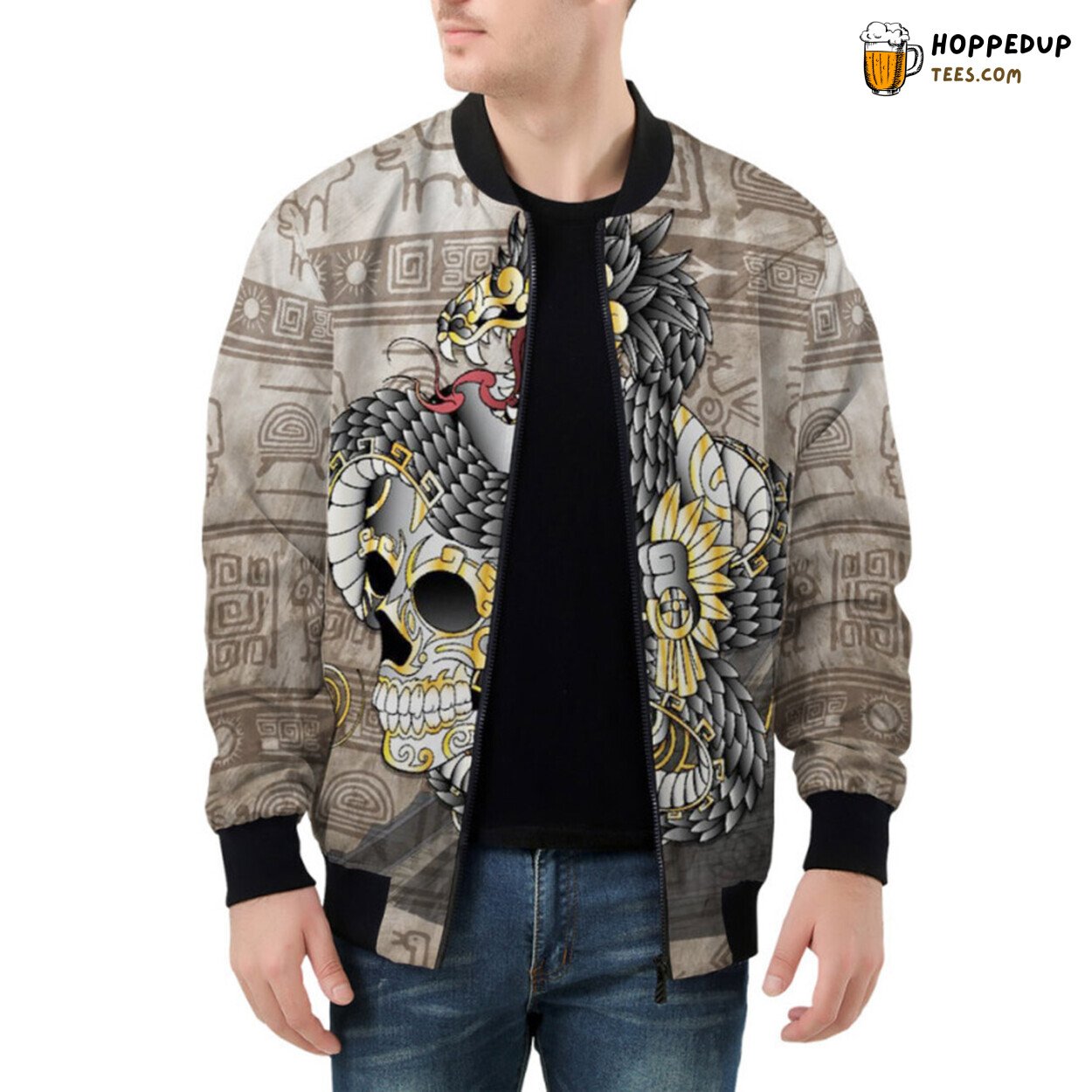 Mysterious Charm of Aztec Gold Skull Elegantly Draped Bomber Jacket