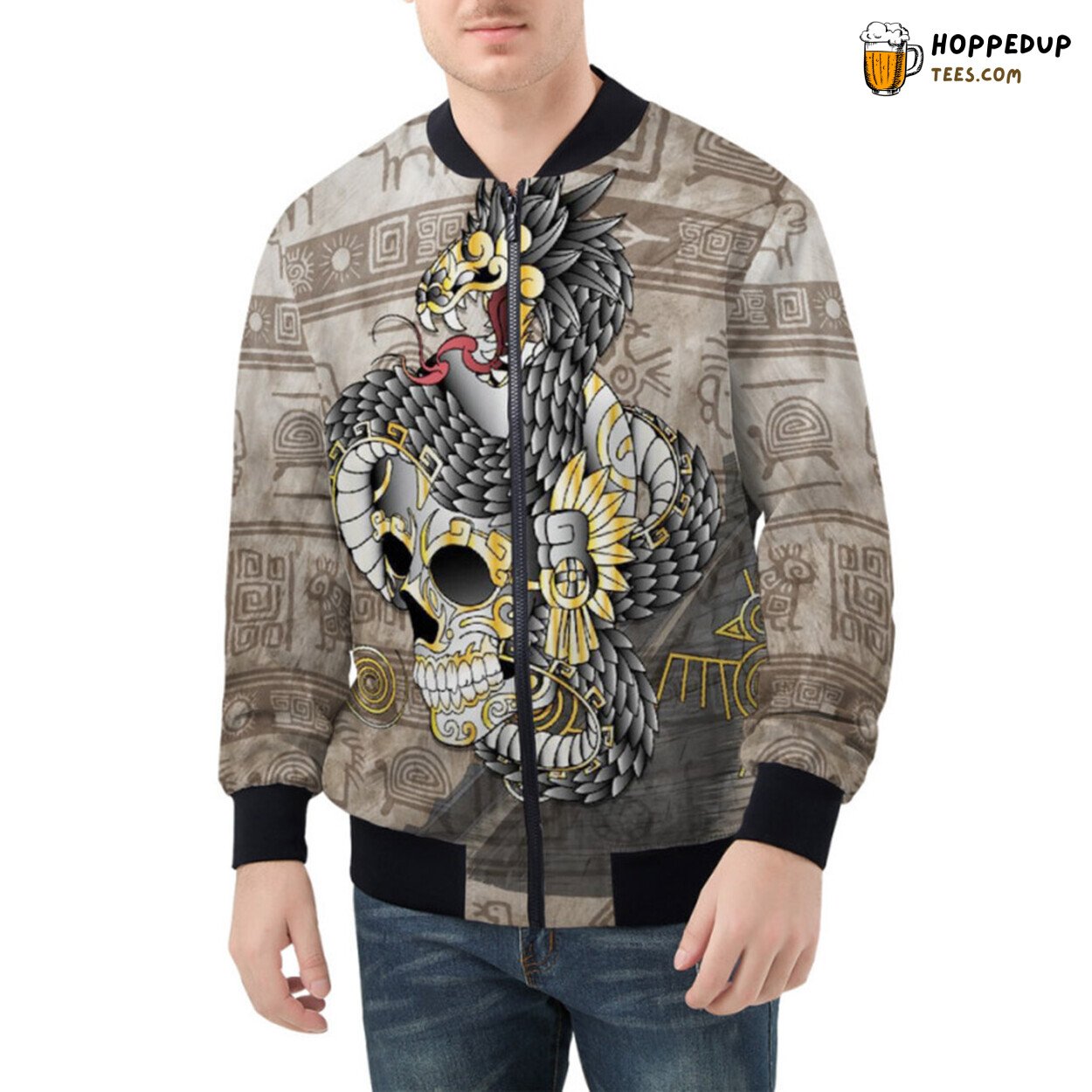 Mysterious Charm of Aztec Gold Skull Elegantly Draped Bomber Jacket