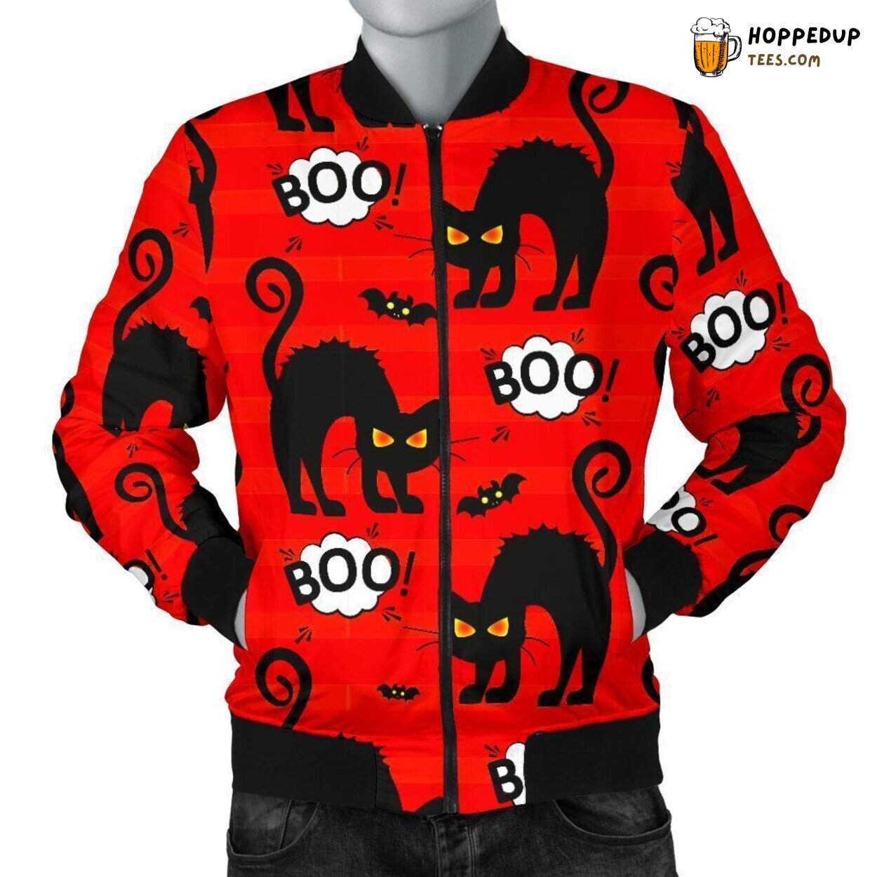 Mysterious Halloween Cat Men’s Bomber Jacket Unique Pattern Design Display